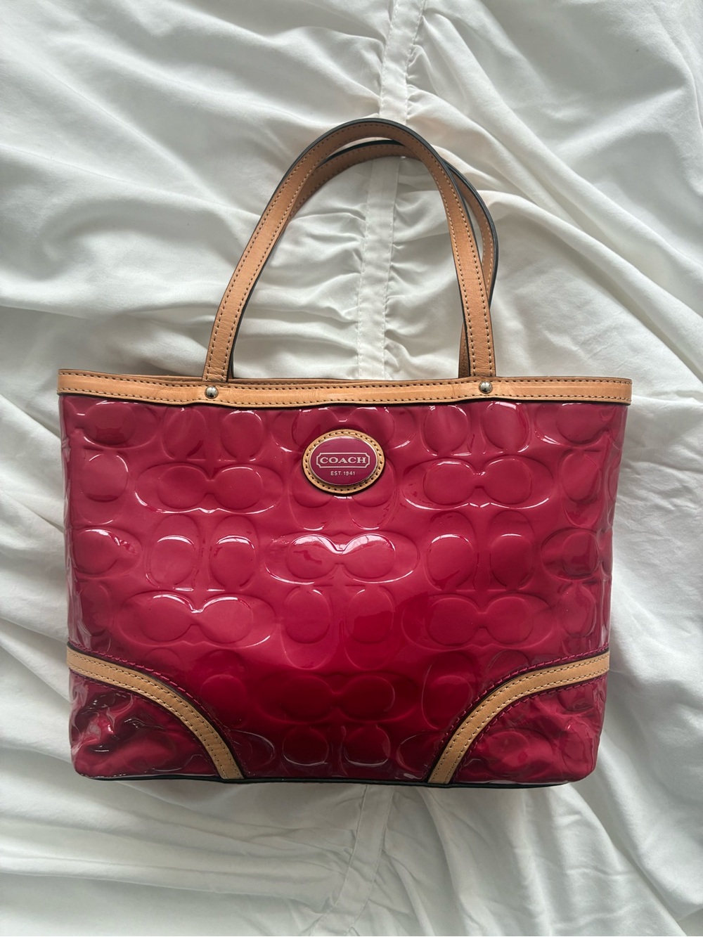 Coach Patent Signature Tote in Pink with Tan Trim